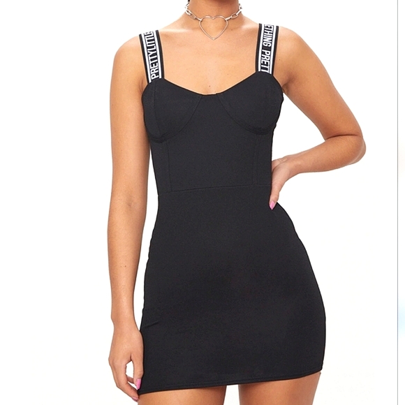 NWT PrettyLittleThing Women's Black  Strappy Bodycon Mini Dress, Size 12 - Picture 1 of 11